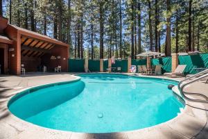 a large pool with blue water in front of trees at Townhouse Art Gallery in Mammoth's Best Location in Mammoth Lakes