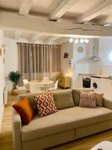 salon z kanapą z poduszkami w obiekcie Appartement au cœur du centre historique w mieście Bergerac