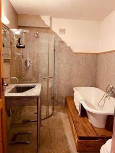 een badkamer met een bad, een wastafel en een douche bij Chasa Gertz 5-Bett Chasa Rustica in Sent
