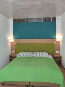 a bedroom with a green bed with a blue headboard at Vintage Apartment in Graz