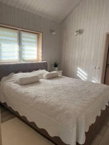 a bedroom with a large bed with two pillows on it at Luxury countryside house 2 min walk to the beach in Narva-Jõesuu