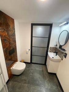 y baño con aseo, lavabo y espejo. en Cichy Apartament Gdańsk, en Gdansk