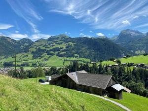 una casa en una colina con montañas en el fondo en Ferienhaus Schönenmatte en Zweisimmen