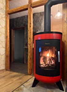 einen Holzofen in einem Zimmer mit Kamin in der Unterkunft Apartment Chalet mit Kamin in Plauen