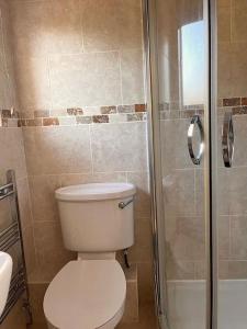 a bathroom with a toilet and a shower at Spacious & modern 3 bedroom house in Peterlee in Wingate