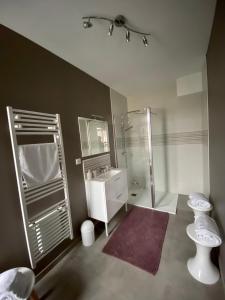 a bathroom with a shower and a toilet and a sink at APPARTEMENT KENNEDY in Boulogne-sur-Mer