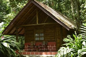 une cabine dans les bois avec des chaises devant elle dans l'établissement Arenal Oasis Eco Lodge & Wildlife Refuge, à Fortuna