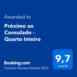 Сертификат, награда, табела или друг документ на показ в Próximo ao Consulado - Quarto Inteiro