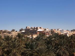 eine Stadt mit Palmen im Vordergrund in der Unterkunft Hotel Dar Hi in Nefta