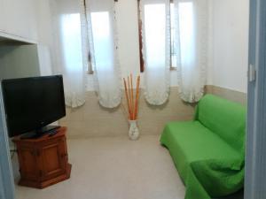 a living room with a tv and a green couch at Villino Il melograno in Torre Specchia Ruggeri