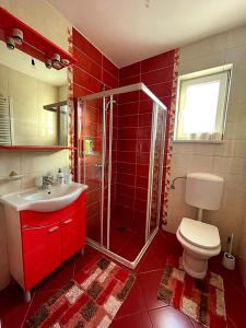 a bathroom with a shower and a toilet and a sink at Haus mit großen Garten in Modriča +8 photos