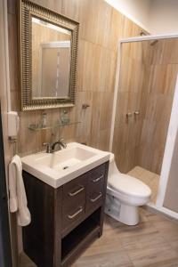 bagno con lavandino, servizi igienici e specchio di Tu cabaña Cuernavaca - hospedaje by Arcadia a Cuernavaca