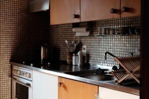 a kitchen with a sink and a stove at La Stalla - Mid-Century Rustico in Calpiogna