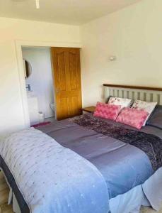 Un dormitorio con una gran cama azul con almohadas rosas en Teach Dunmore in the heart of Donegal Gaeltacht., en Falcarragh