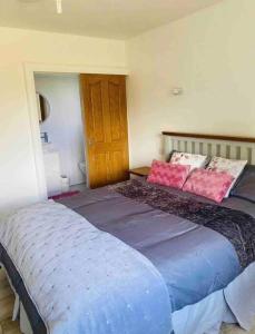 a bedroom with a large blue bed with pink pillows at Teach Dunmore in the heart of Donegal Gaeltacht. in Falcarragh