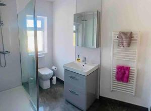 Un baño con lavabo, inodoro y ducha. en Teach Dunmore in the heart of Donegal Gaeltacht., en Falcarragh 15 fotos más