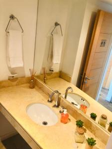 a bathroom with a sink and a mirror at Fantástico depto. con vistas panorámicas in Vicente López