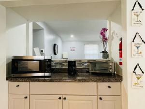 a kitchen with a counter top with a microwave oven and a microwave at Renovated guest house in Hyattsville