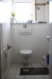 a small bathroom with a toilet and a window at Appartment Döllinger Messe Fränkisches Seenland in Schwabach