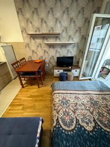 a living room with a table and a bed and a dining room at Ania apartment in Podgorica