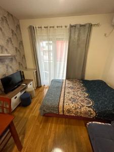 a bedroom with a bed and a tv and a window at Ania apartment in Podgorica