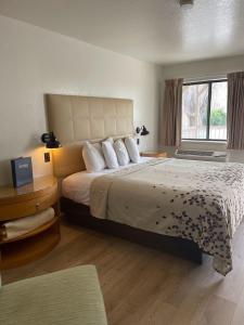 a bedroom with a large bed and a window at The Virginian Inn Moab Downtown in Moab