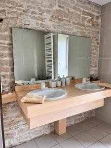 een badkamer met 2 wastafels en een grote spiegel bij Le domaine de Marie in Port-sur-Saône