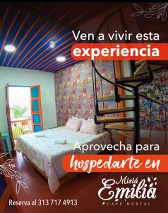 een poster van een slaapkamer met een bed en een wenteltrap bij Misiá Emilia, Café - Hostal in Apía