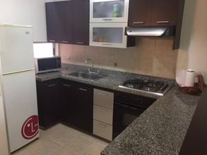 una pequeña cocina con fregadero y nevera. en Exclusive Furnished Apartment 6, en Manizales