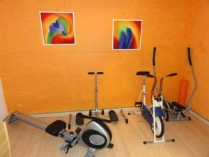 ein Fitnessraum mit Kardiogeräten in einem Zimmer mit orangefarbenen Wänden in der Unterkunft Casa Ghiggi - Zweizimmerwohnung "Ticino" in Brissago