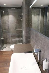 a bathroom with a sink and a shower and a toilet at Chavallera Casa Torri in St. Moritz