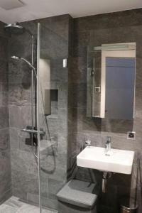 a bathroom with a sink and a shower at Chavallera Casa Torri in St. Moritz
