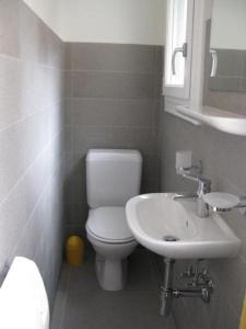 La salle de bains est pourvue de toilettes blanches et d'un lavabo. dans l'établissement Casa al Lago, à Muralto