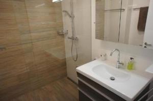 ein Bad mit einem Waschbecken und einer Dusche mit einer Dusche in der Unterkunft Residenza San Materno Apt 3 in Ascona
