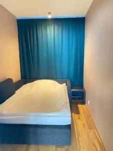 um quarto com uma cama com uma cortina azul em Spacious 3 bedroom apartment,close to centrum. em Reykjavík