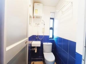 un bagno blu e bianco con un water e un lavandino di Apple Hostel 蘋果賓館 a Hong Kong