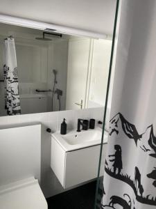 ein weißes Badezimmer mit einem Waschbecken und einem Spiegel in der Unterkunft Chalet Toggi in Wildhaus