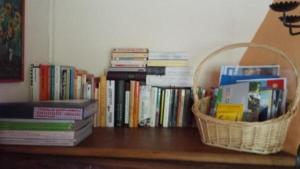 una cesta de libros en la parte superior de un estante de libros en Casa San Cristoforo - "Atelier", en Maggia