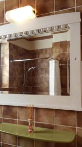 einen Badezimmerspiegel mit einem Waschbecken und einer Dusche in der Unterkunft Casa San Cristoforo - "Atelier" in Maggia
