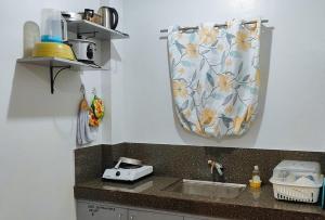 a kitchen with a sink and a curtain on the wall at Irah's Guest House RedPartner in Banhigan