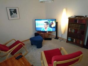 a living room with a tv and a couch and chairs at Ferienwohnung Mänimatte in Frutigen