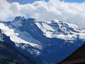 a mountain with snow on top of it at Ferienwohnung Mänimatte in Frutigen