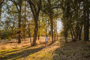 a woman walking down a tree lined path at Lovers nest by Casa Oso with private hiking trails and pond in Mariposa