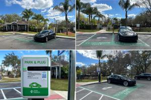 three pictures of a parking lot with a car parked at 3 Bedrooms 2 Bathrooms Lucaya Village 22-103 in Orlando