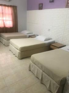 een kamer met drie bedden in een kamer bij Lily Budget Hotel in Jertih