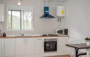 a kitchen with white cabinets and a table and a microwave at 1 Bedroom Nice Home In Xativa in Xàtiva
