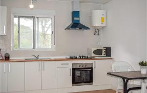 una cucina con armadi bianchi, tavolo e forno a microonde di Pet Friendly Home In Xativa With Kitchenette a Xàtiva