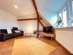 a living room with a couch and a tv at Jugendstil-Altbauwohnung mit Dachterrasse direkt an der Karlsaue in Kassel