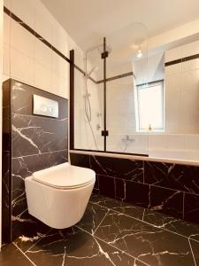 a bathroom with a toilet and a glass shower at Jugendstil-Altbauwohnung mit Dachterrasse direkt an der Karlsaue in Kassel +24 photos