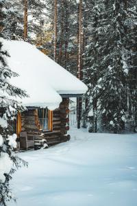 a log cabin covered in snow in the woods at Economy Lomailevi in Levi